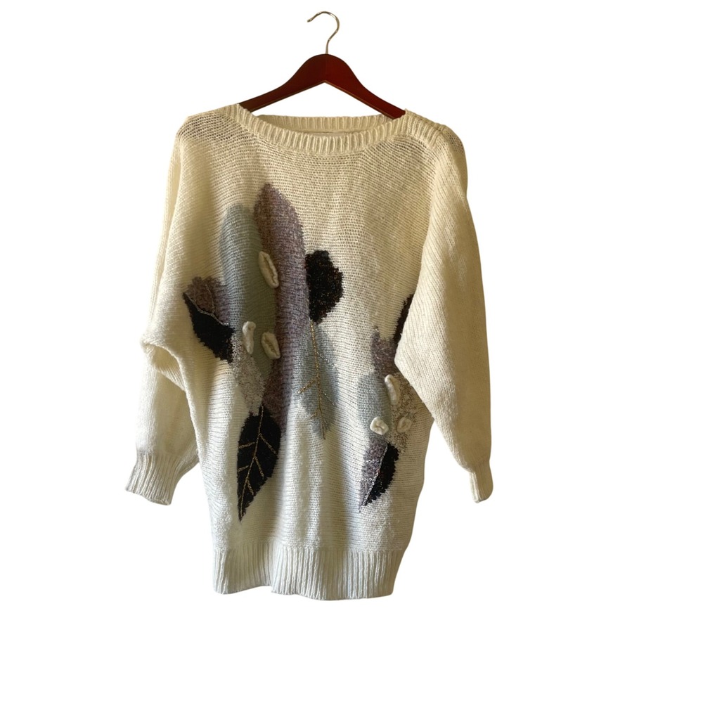 Vintage dolman sleeve Cream Knit Sweater Embellished‎ Floral 80s size medium